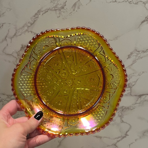 Indiana Glass Co. Iridescent Sunset Carnival Glass Round Butter Dish orange - Picture 5 of 14